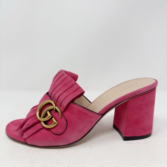 Gucci GG Marmont Pink Suede Fringe Mules Sandals - Picture 9 of 11